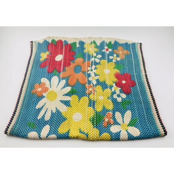 Vintage 70's Flower Power Groovy Rag Throw Rug 44"x24" Granny Core Wall Art Blue - Picture 3 of 12